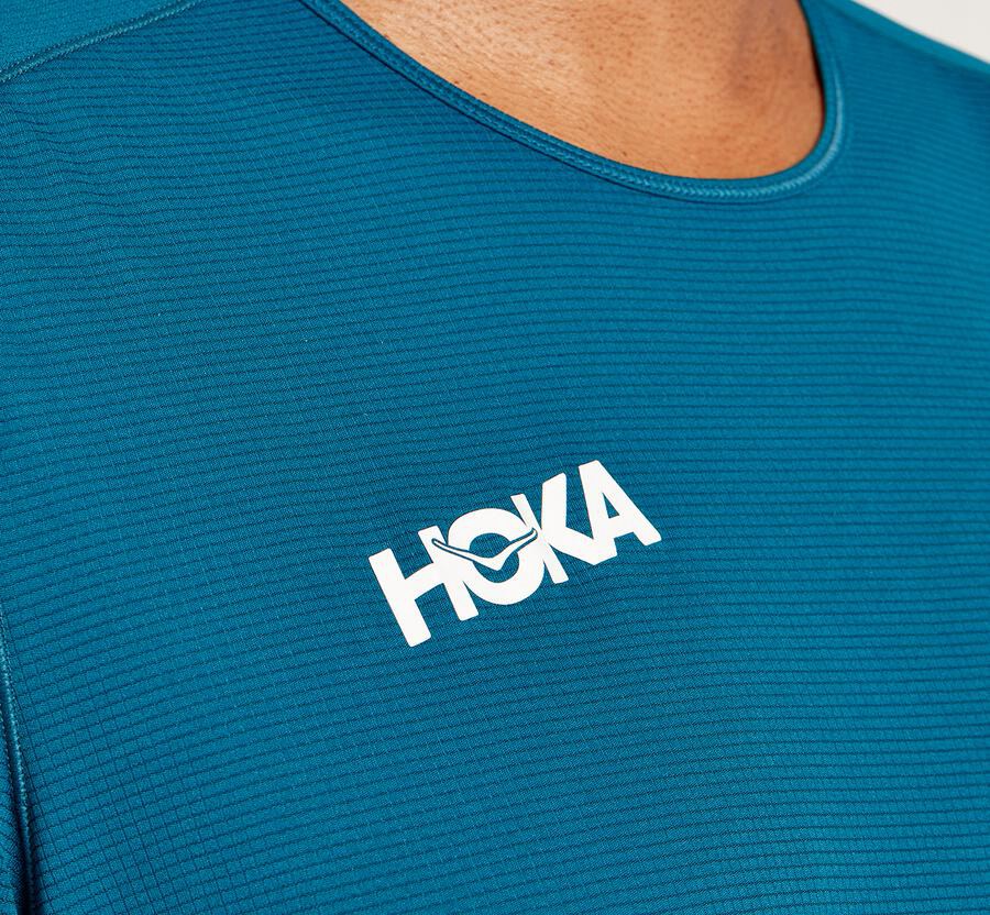 Hoka Australia One One Performance Short Sleeve - Mens Tops Blue - FGQIH-3694